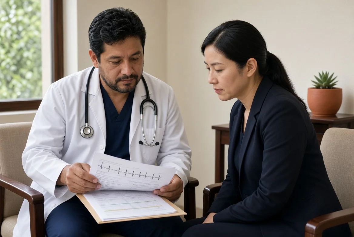 A physician reviewing EKG and lab results with a patient