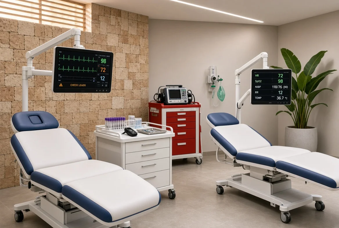 Monitoring room with ECG and pulse oximetry screens, a crash cart and oxygen