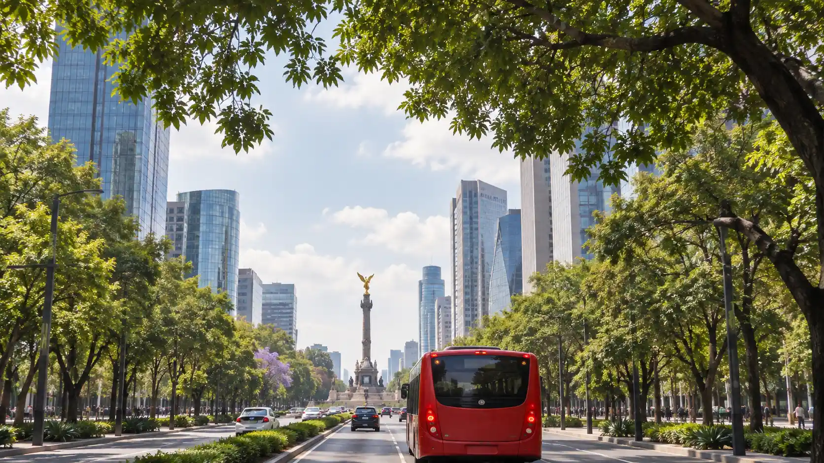 Paseo de la Reforma in Mexico City, tree-lined, with the Angel of Independence ahead and a red bus in the foreground