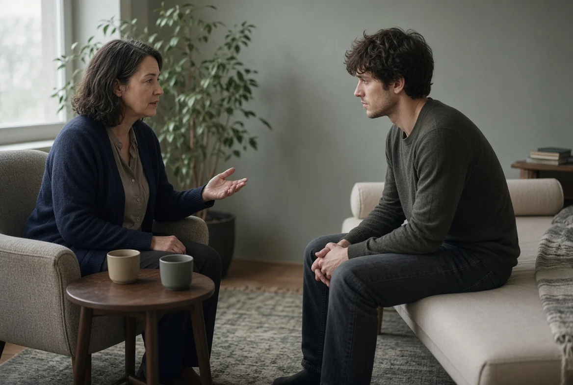 Psychiatrist speaking with a patient in a quiet room during ibogaine screening for methamphetamine dependence