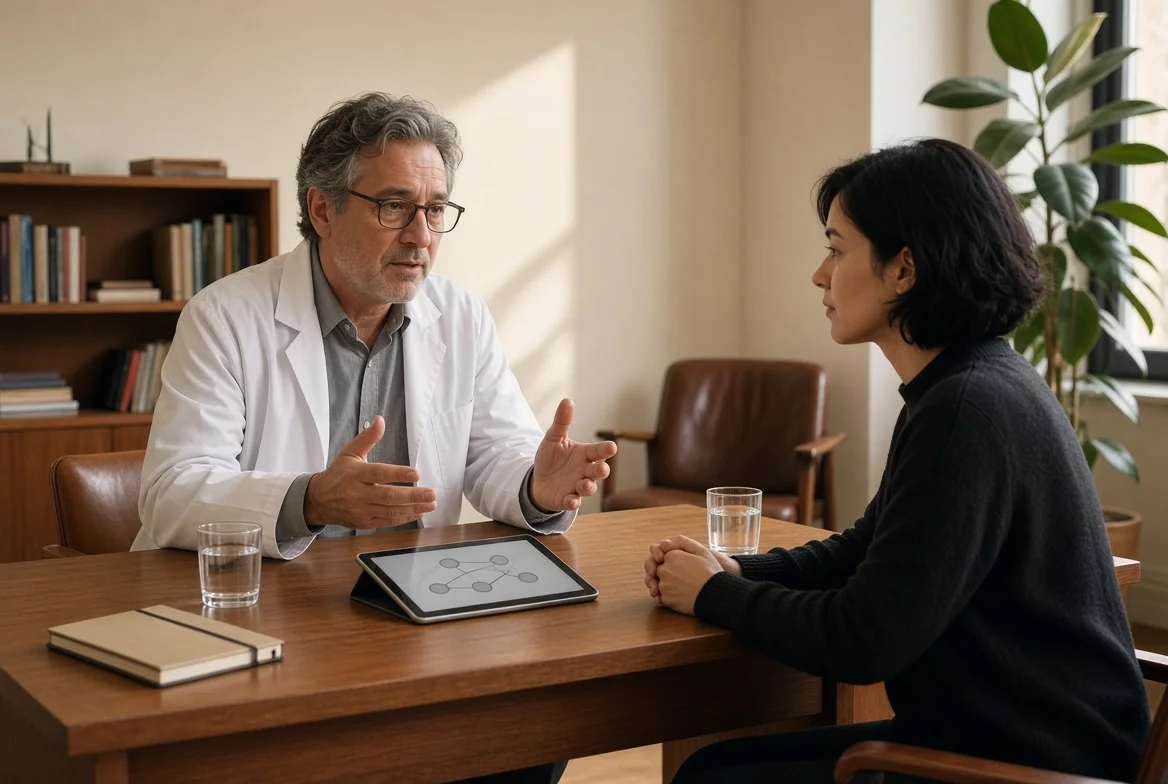 Physician discussing ibogaine treatment for cocaine addiction with a patient in a consulting room