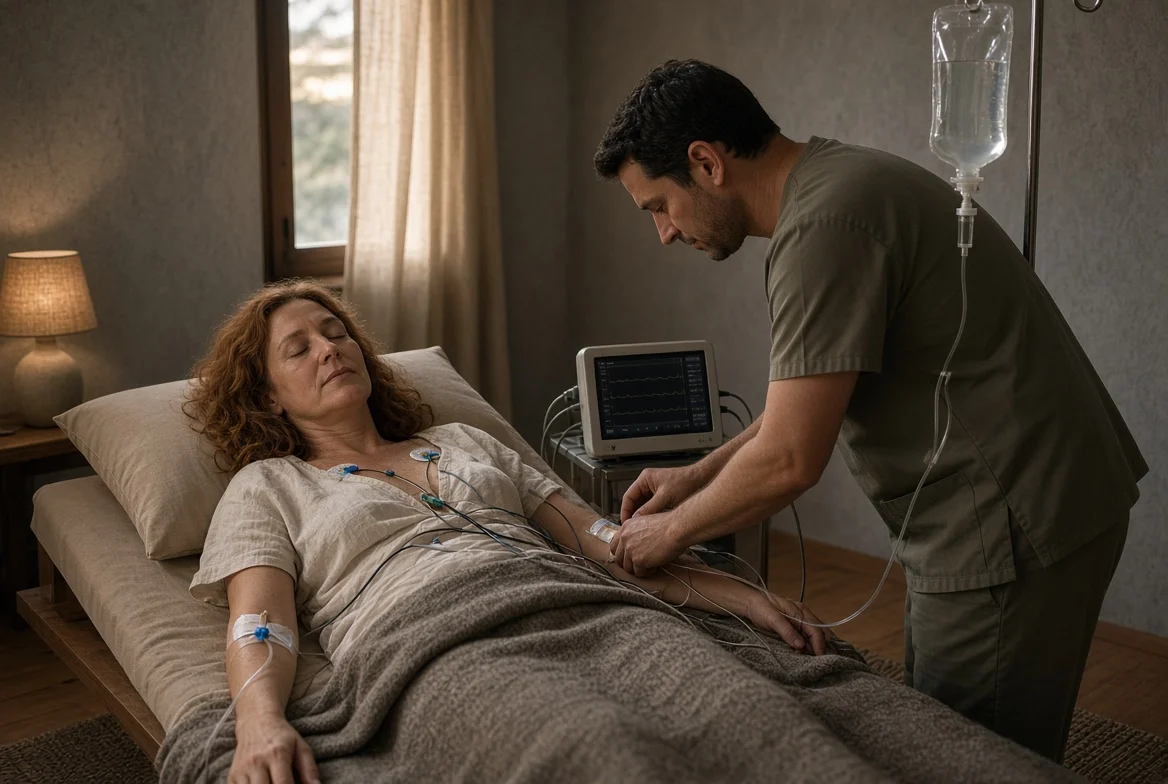 Private monitored room with telemetry and an IV line used for supervised alcohol detox before ibogaine treatment