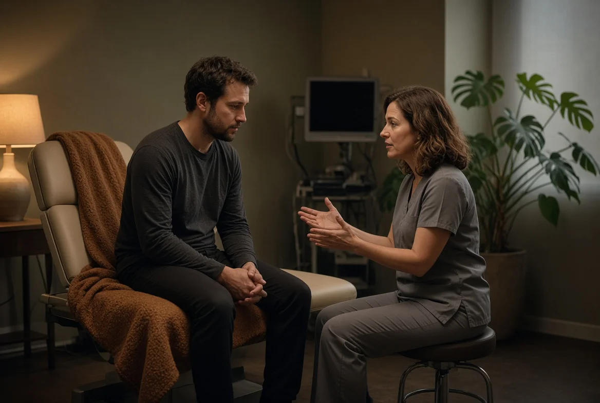 Clinician talking with a patient in a private room before ibogaine treatment for cocaine addiction