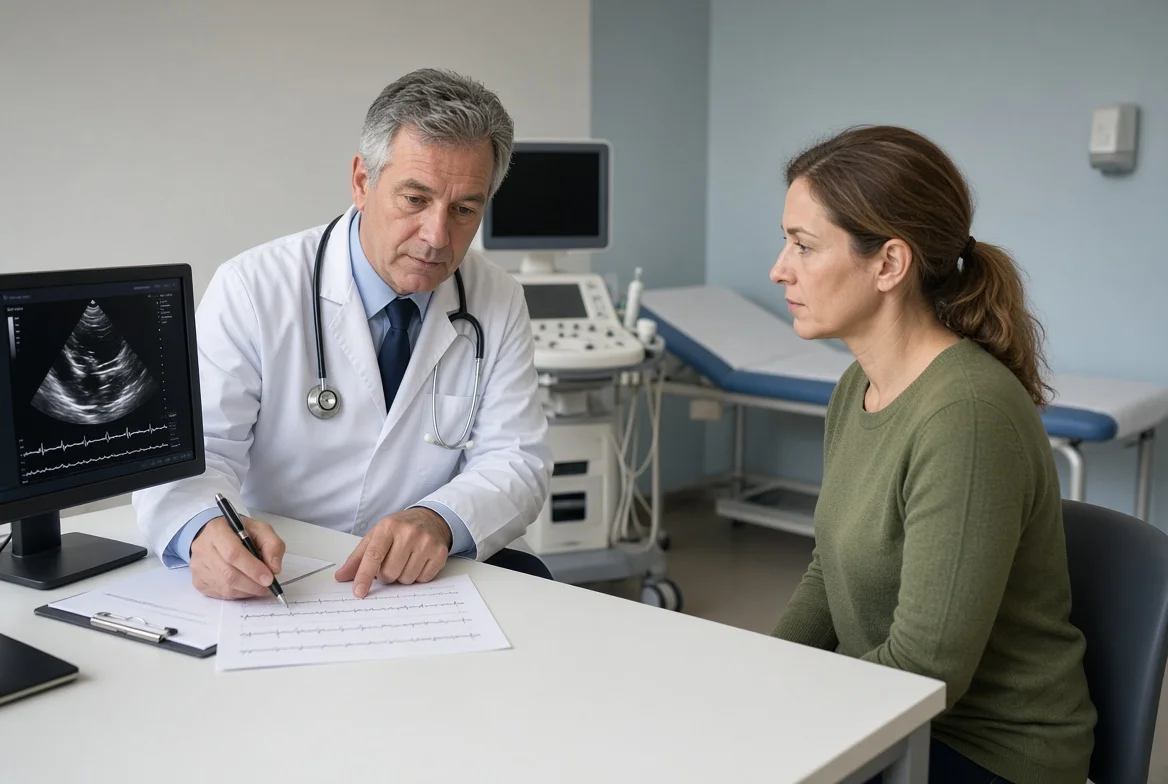 Cardiologist reviewing an echocardiogram and ECG with a patient before ibogaine treatment for methamphetamine addiction