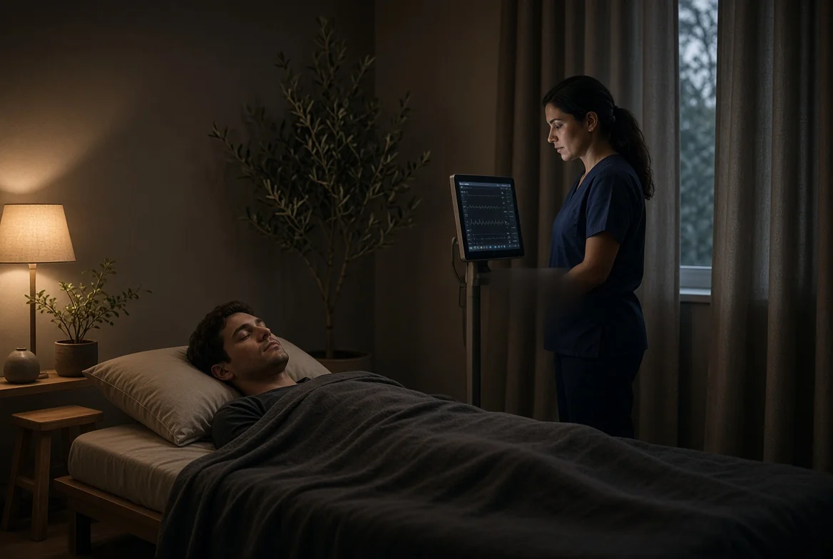 A quiet private room for ibogaine treatment of Suboxone dependence, with a nurse at the monitor