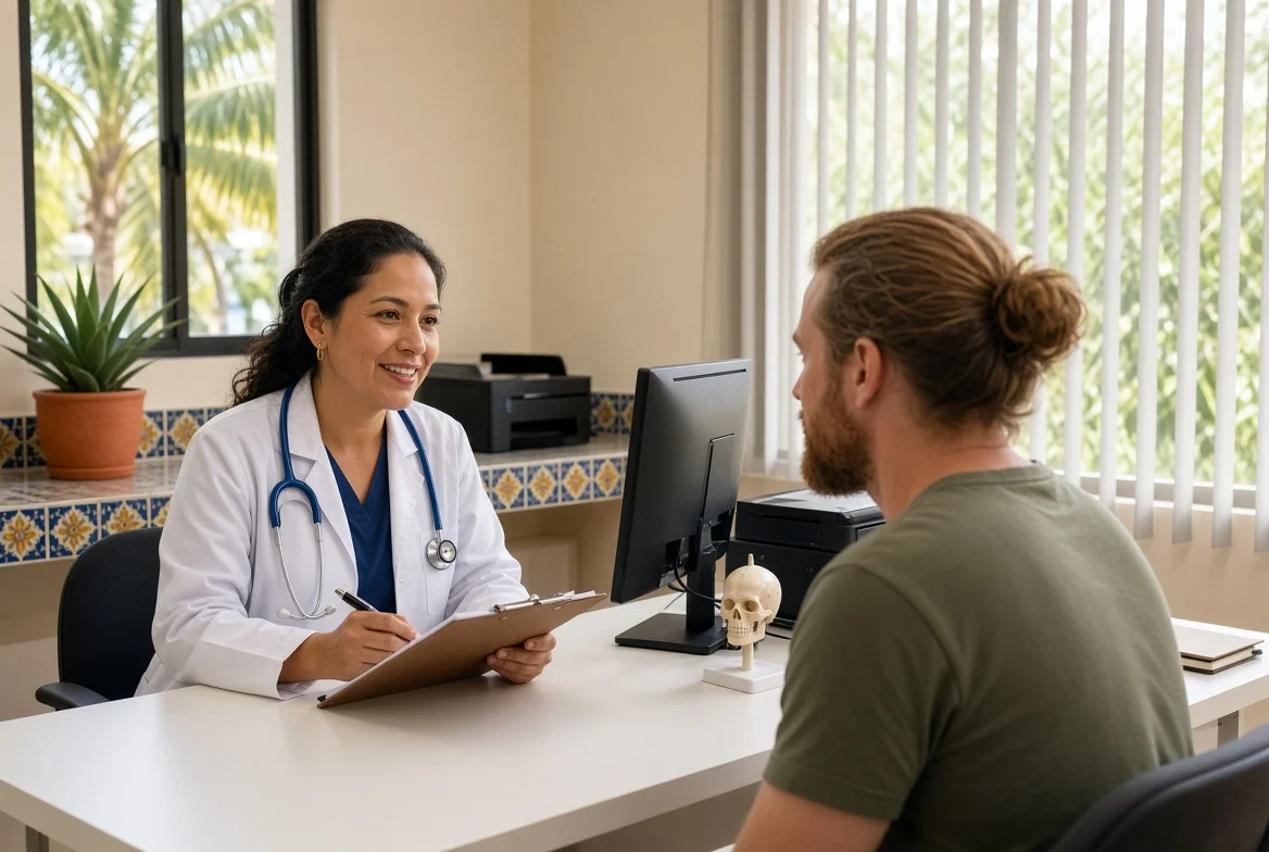 A smiling clinician talking with a patient at a desk