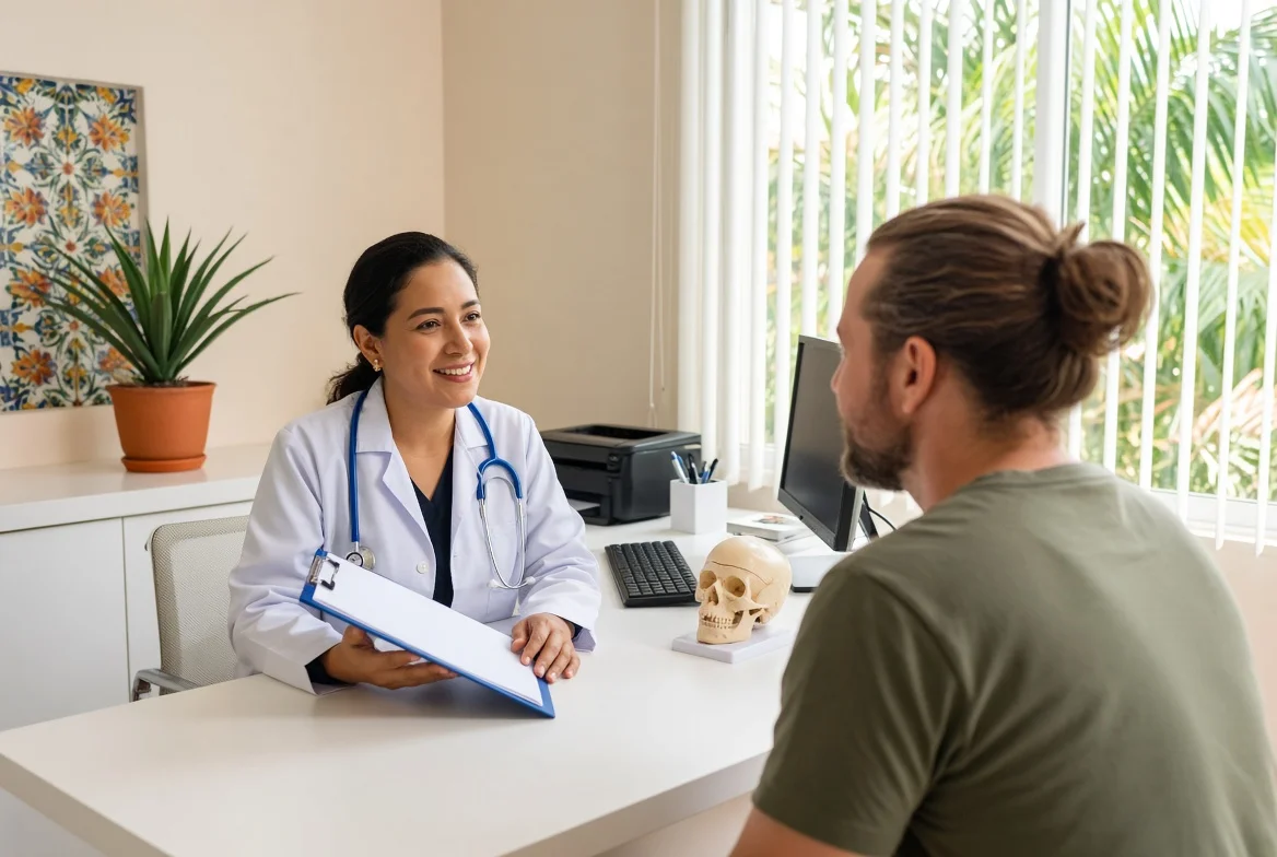 A clinician talking with a patient at a desk