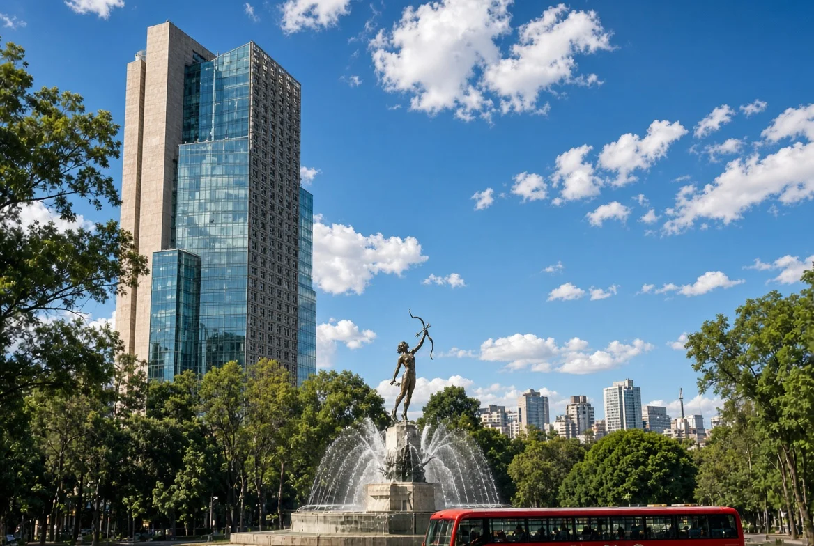 A tower and fountain in Mexico City with a red bus passing