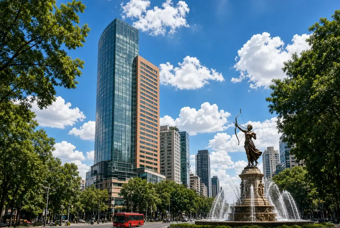 A modern tower and a fountain statue among trees in Mexico City