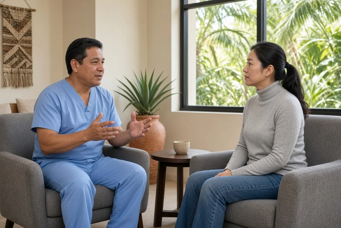 A clinician explaining the treatment plan to a patient in lounge chairs
