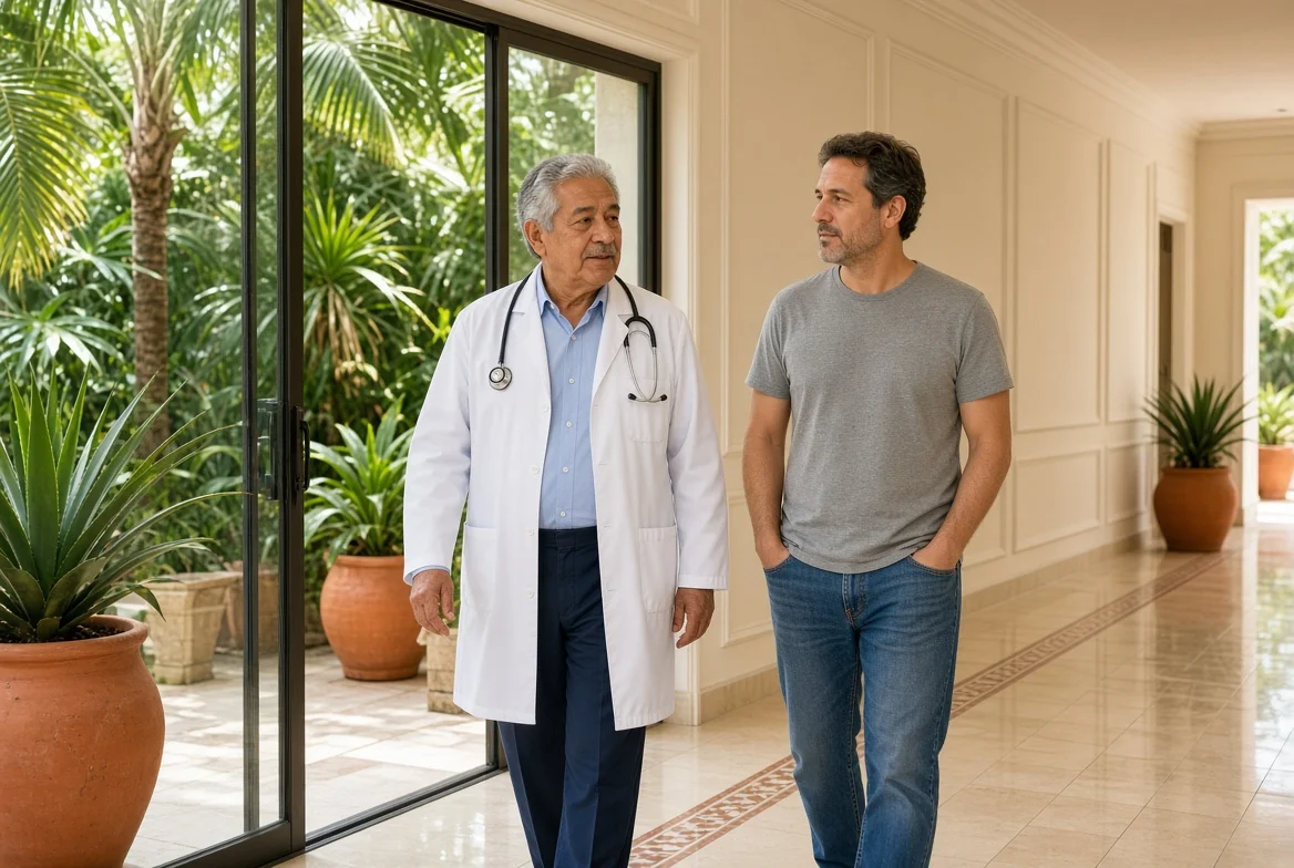 A physician in a white coat walking and talking with a patient along a sunlit corridor at the Mexico City facility