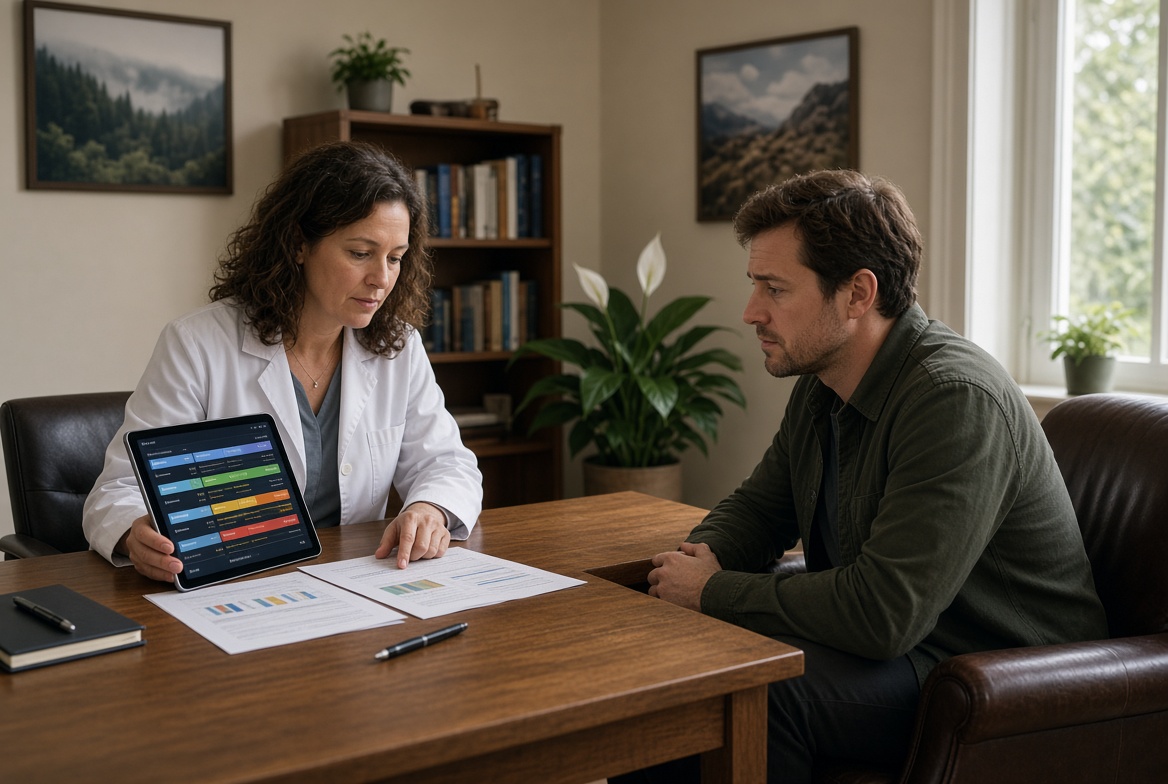 A clinician reviewing lab results on a tablet during ibogaine screening for oxycodone addiction