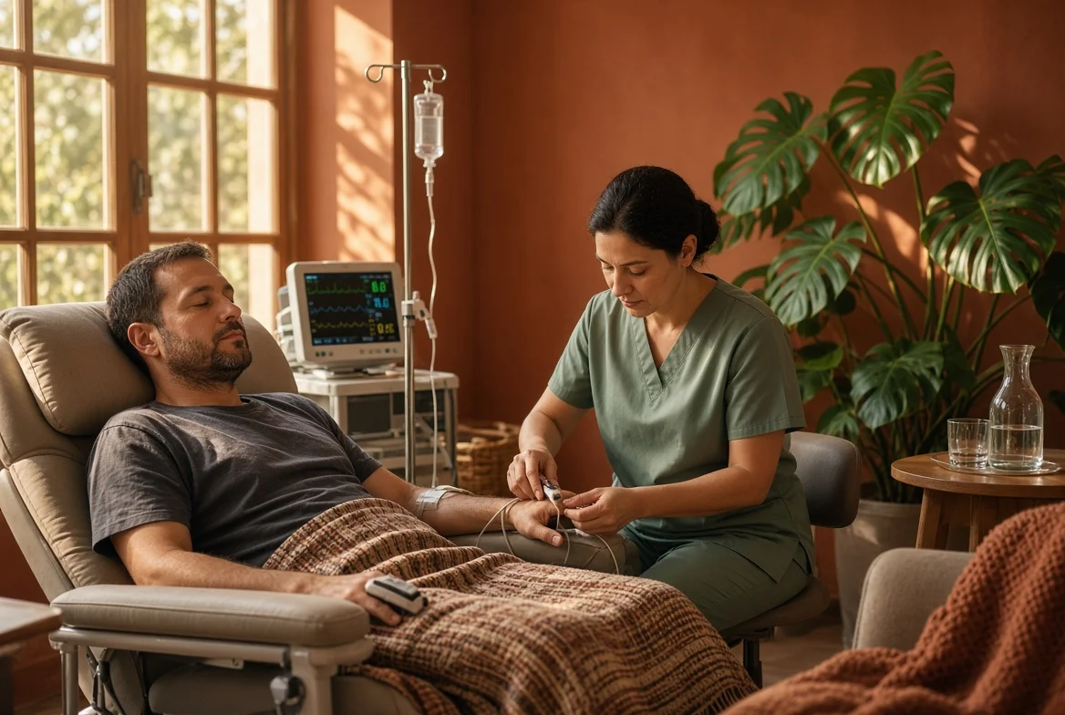Nurse attaching monitoring leads beside a cardiac monitor during ibogaine treatment for alcohol addiction