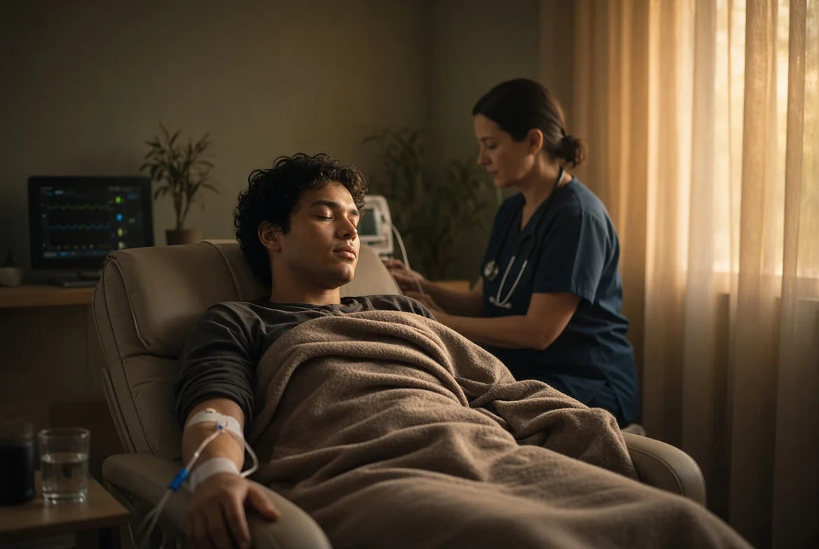 A patient resting in a monitored recliner with an IV line while a nurse checks the cardiac monitor beside them