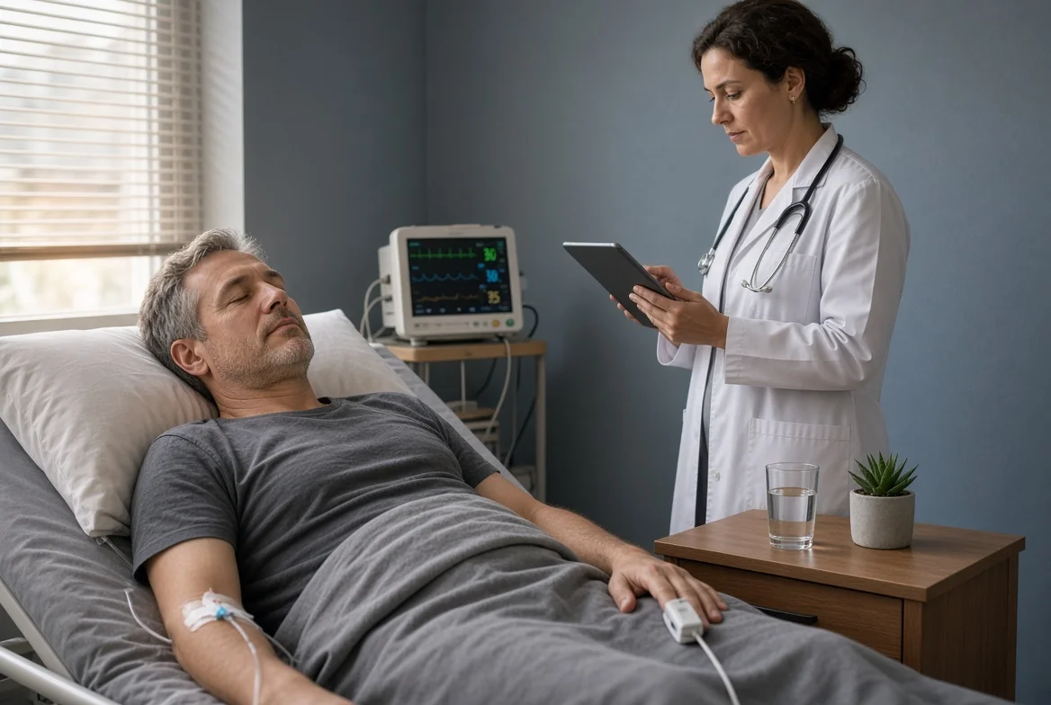 Clinician checking a monitored patient's vitals before ibogaine treatment for methadone dependence
