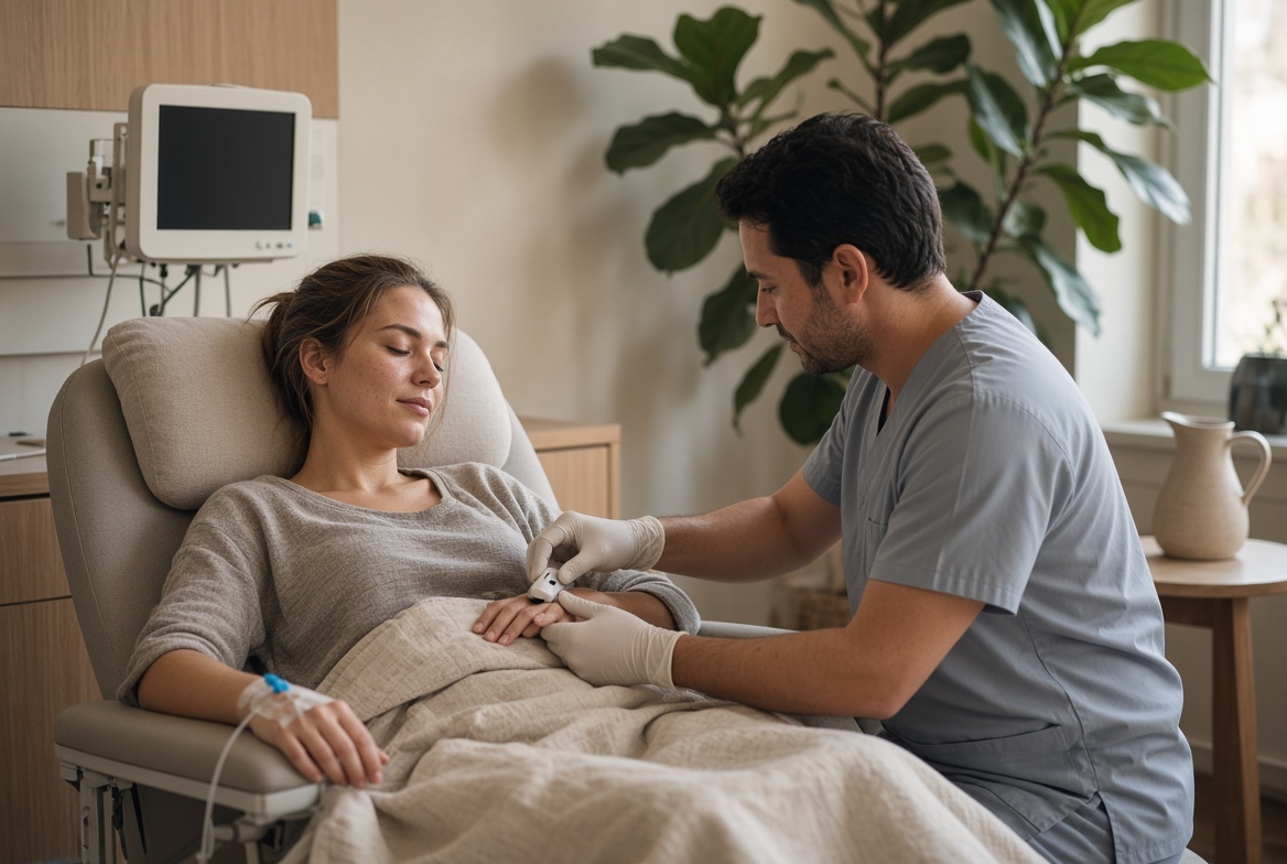 A clinician checking a patient's pulse oximeter in a treatment recliner before ibogaine treatment for oxycodone addiction