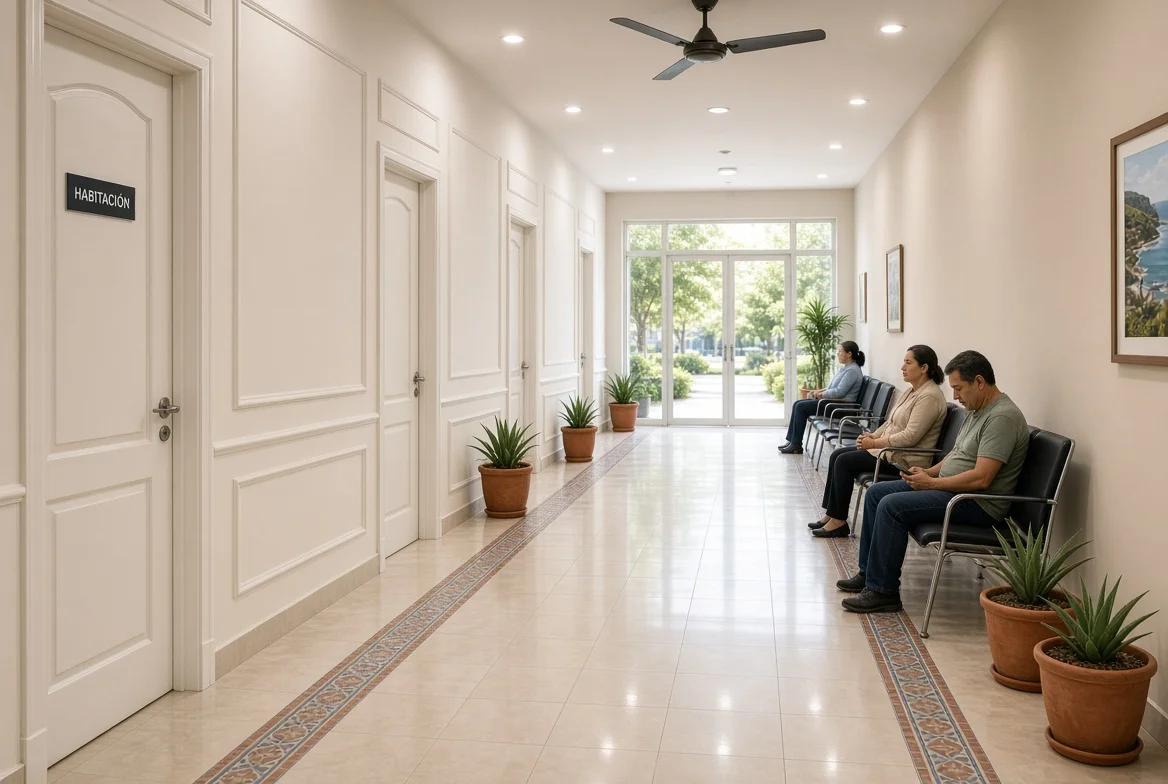 A quiet clinic hallway with people seated