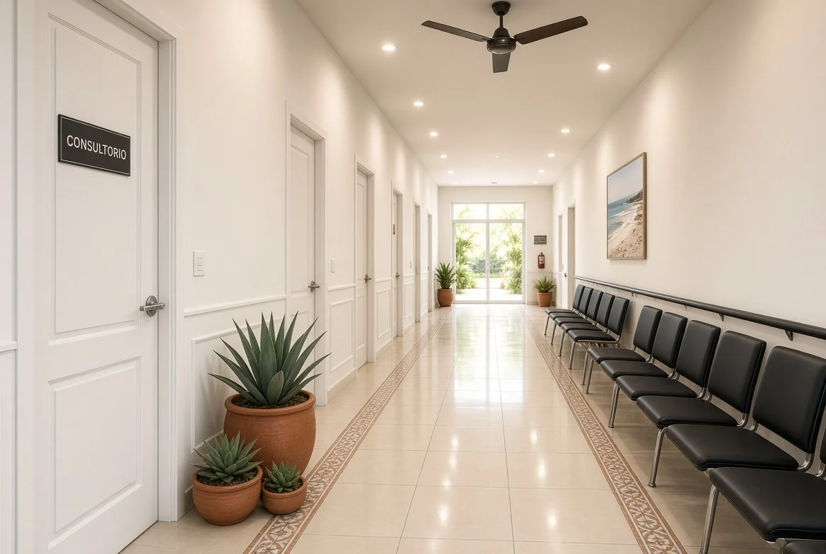 A bright clinic hallway with seating and plants