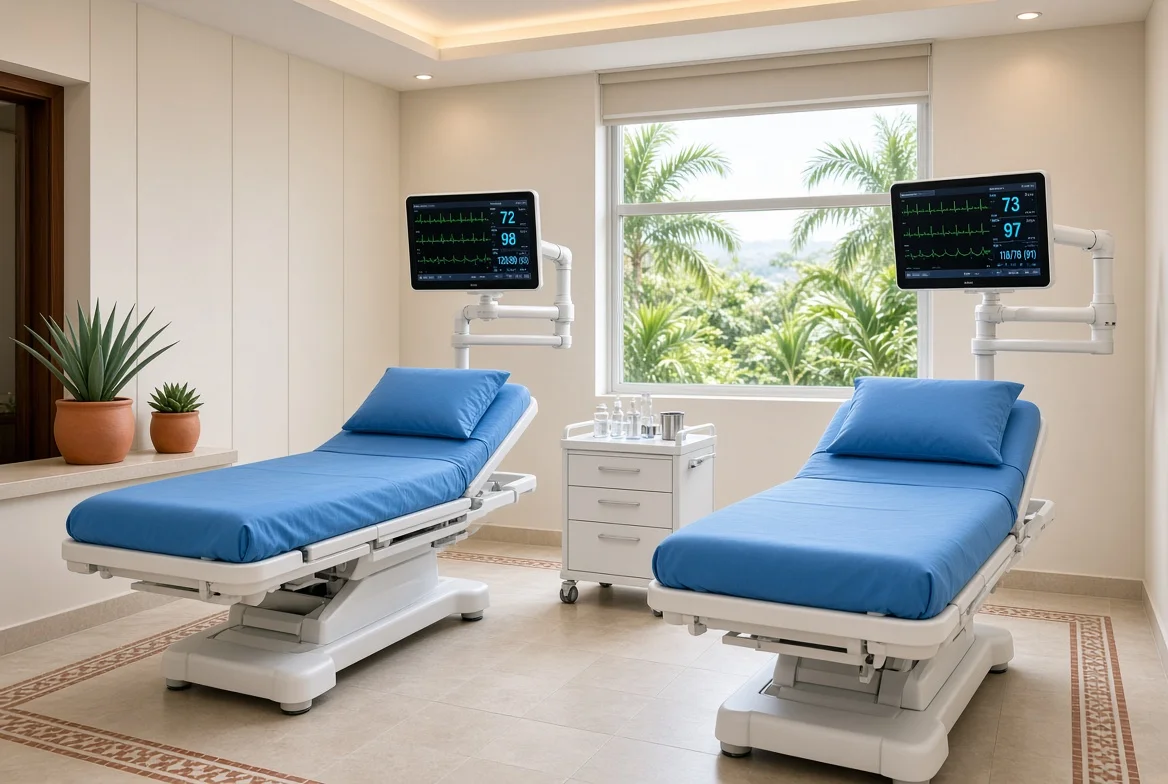 Treatment room with 2 medical beds and cardiac monitors
