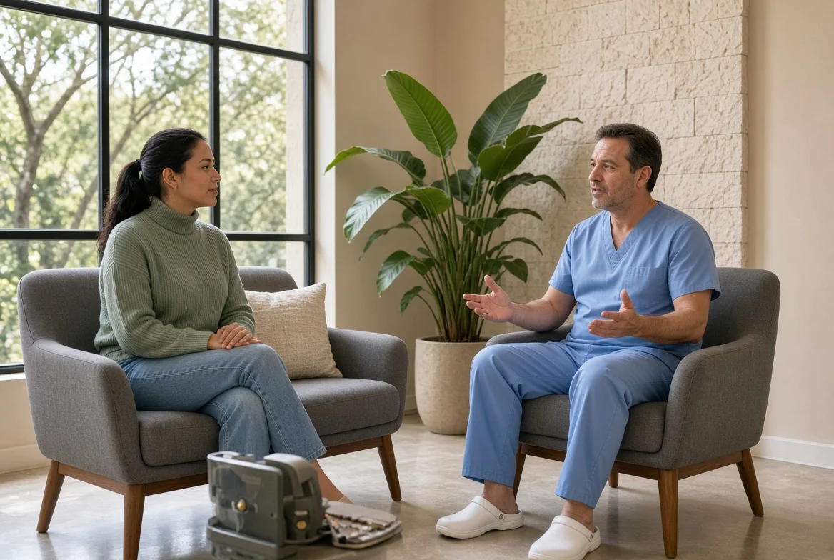 Clinician and patient planning the program at a desk in the Mexico City clinic