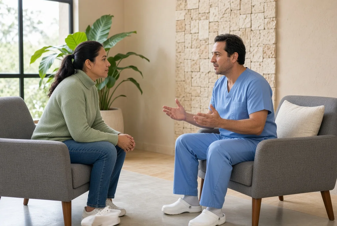 A clinician and a patient talking in a bright lounge