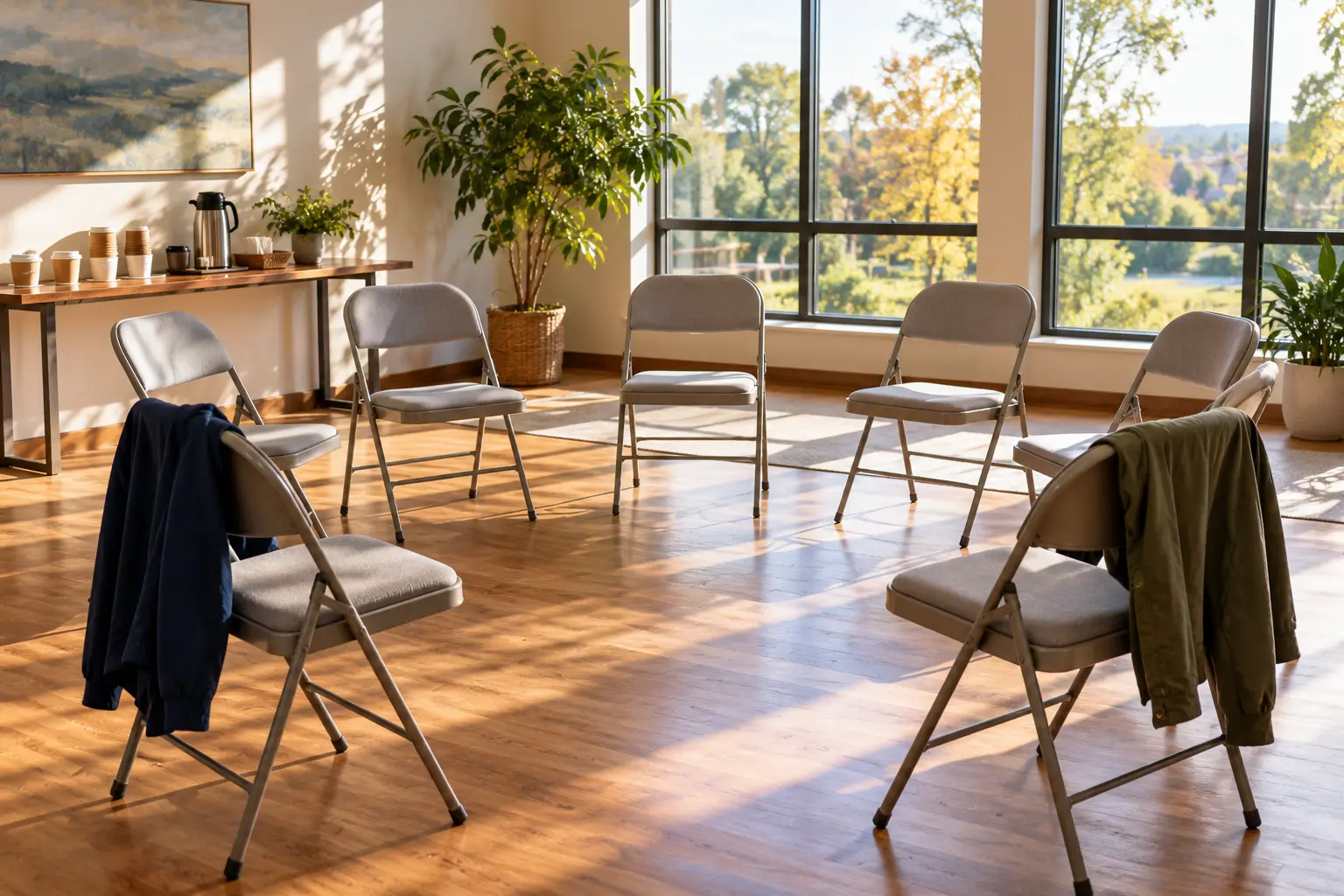 Circle of empty chairs set up for an alcohol addiction support group meeting