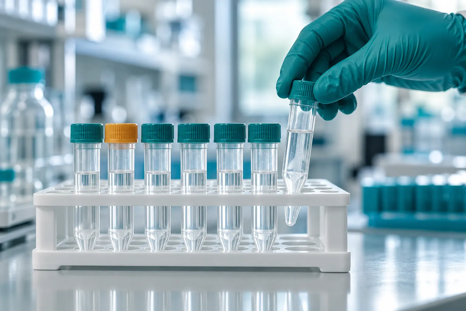 Saliva DNA sample tubes in a lab rack