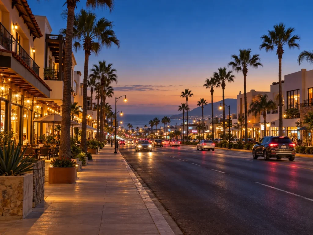 Boulevard Benito Juárez in downtown Playas de Rosarito, Baja California, at dusk with shopfronts lit