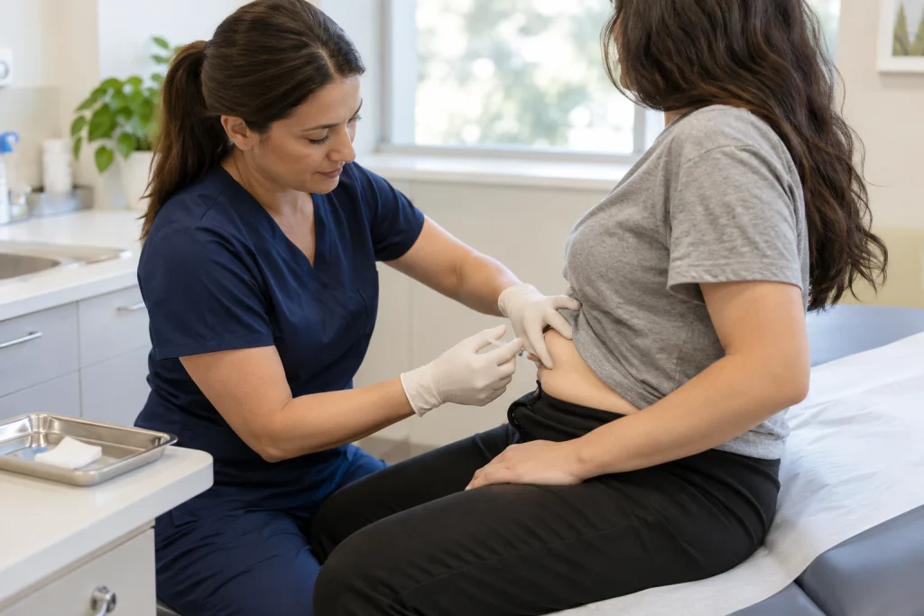 Nurse giving a monthly buprenorphine injection, a newer form of opioid treatment medication, in a clinic