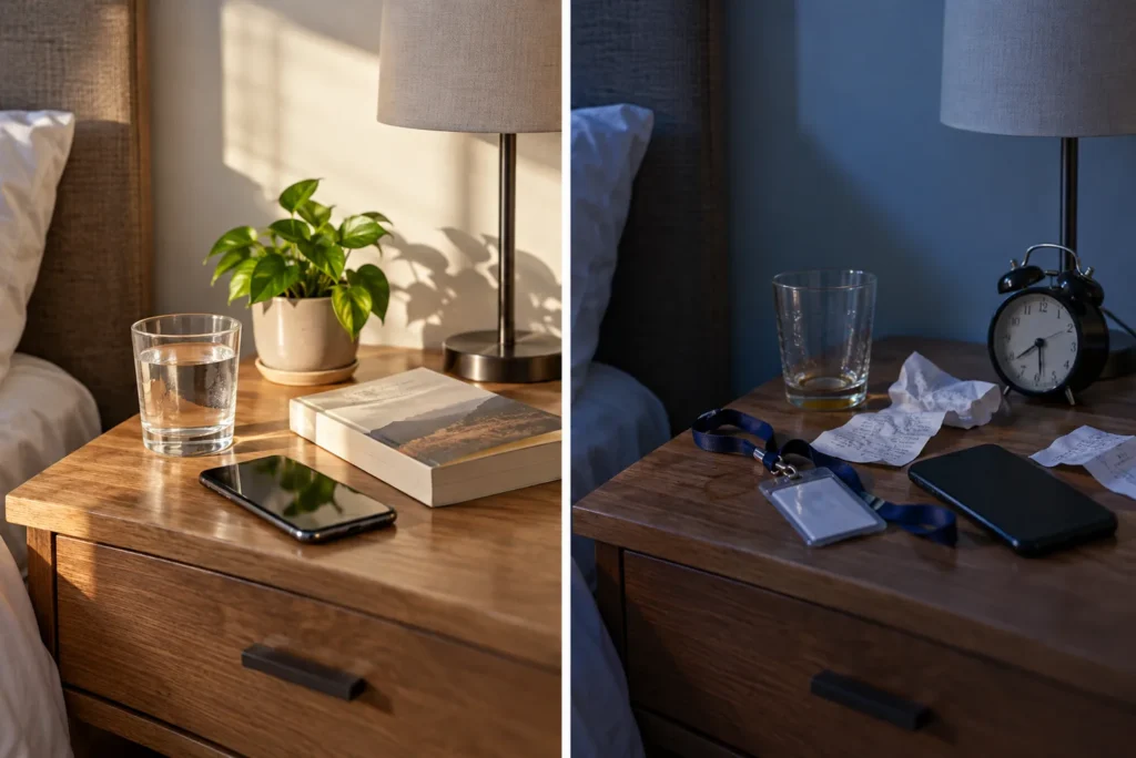 Same nightstand before and after, showing how casual cocaine use turns into dependence over months and years