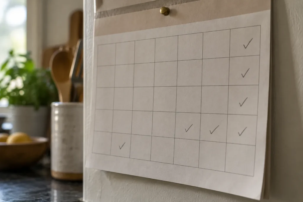 Wall calendar with marks spreading from weekends to weekdays, an early sign of casual cocaine use becoming dependence