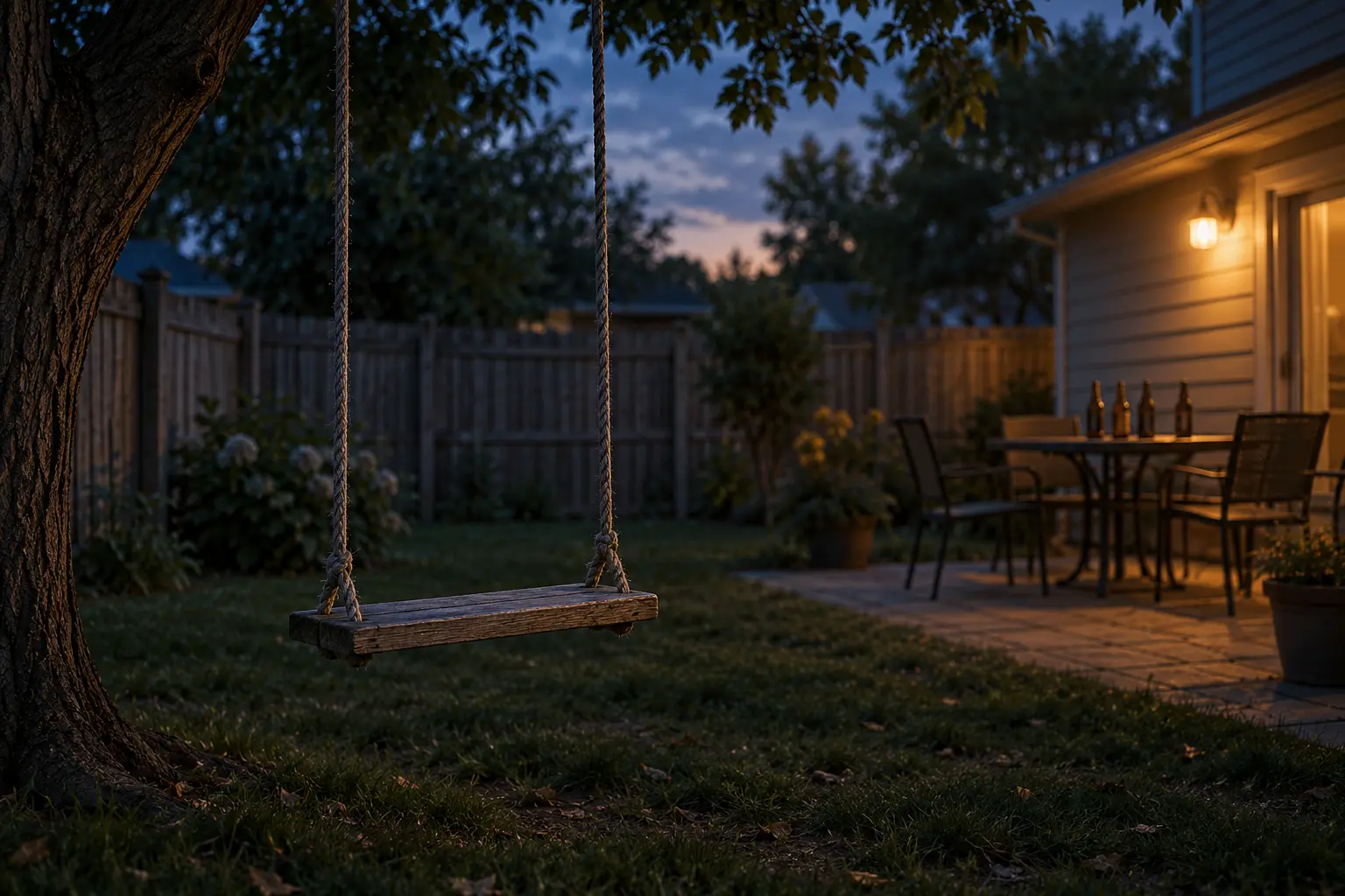Empty backyard swing at dusk near empty bottles