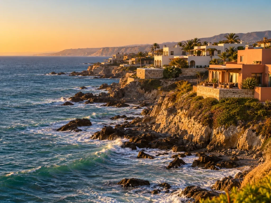 Clifftop homes above the Pacific on the coast south of Playas de Rosarito, Baja California, at golden hour