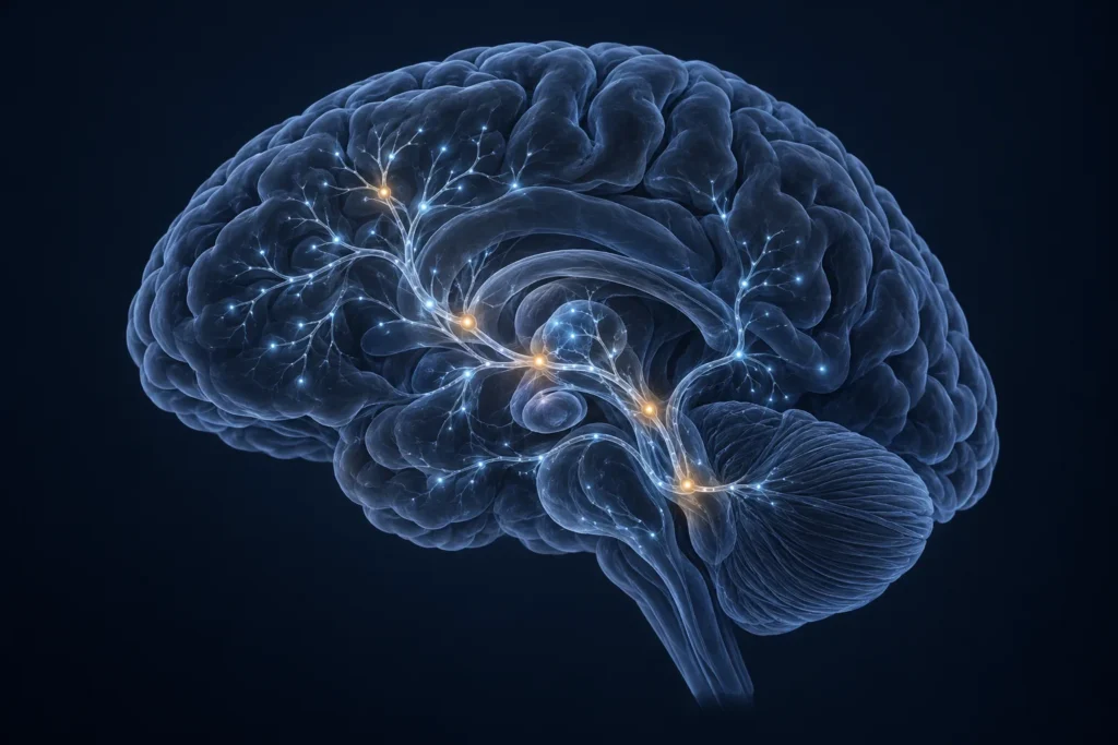 Illustration of a brain reward pathway with most neurons dimmed, showing anhedonia after quitting cocaine