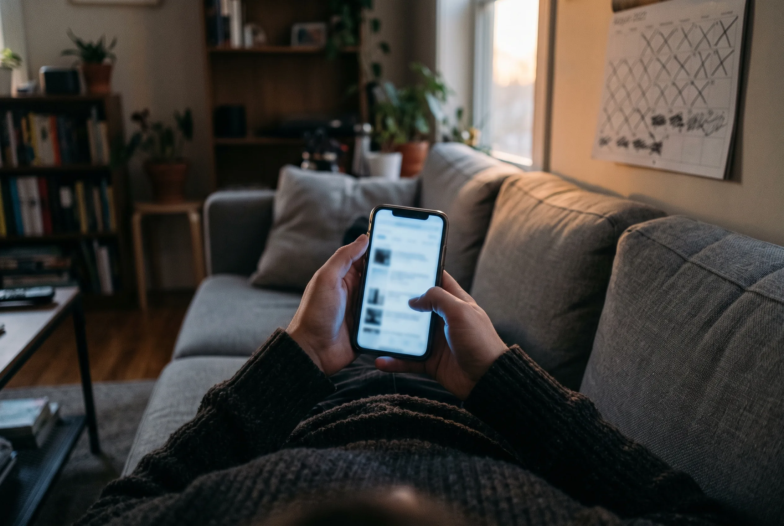 Hands holding a phone on a couch at dusk near a crossed-off calendar as cocaine cravings return months later