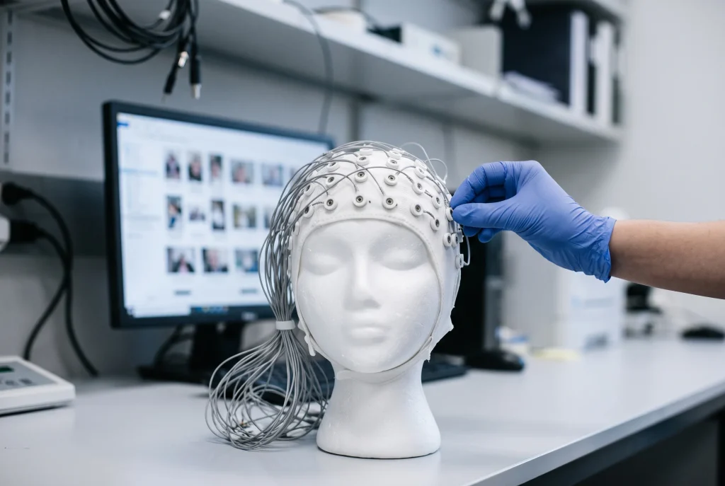 EEG cap on a foam head form, the setup researchers use to measure brain response to cocaine cues