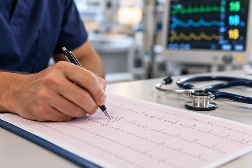 Clinician marking a 12-lead EKG, since cocaine raises heart attack risk in the hour after any use, dependent or not