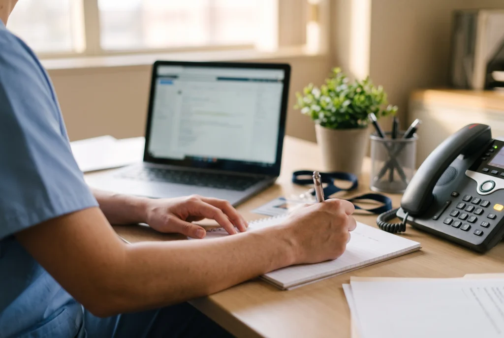 Clinician's hands taking notes beside a desk phone during a follow-up call after cocaine treatment