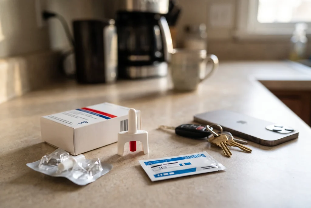 Naloxone nasal spray and fentanyl test strips on a kitchen counter, part of a cocaine relapse safety plan