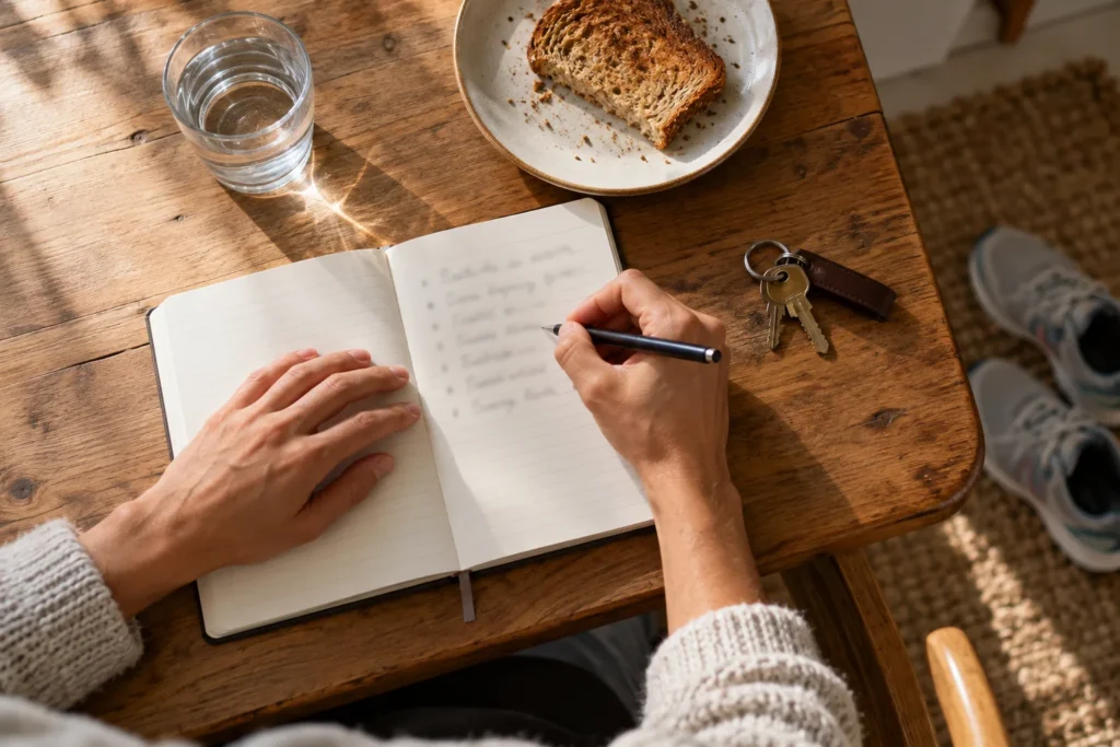 Hands writing a daily plan beside breakfast and running shoes, a routine for anhedonia after cocaine