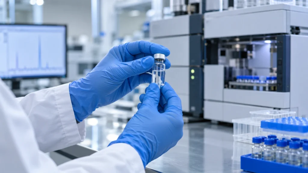 Gloved hands holding a sample vial in a forensic lab, representing DEA testing of heroin for fentanyl