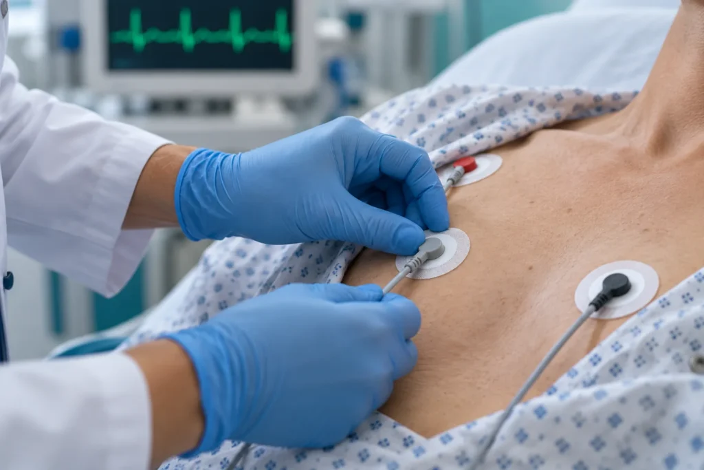 Gloved hands placing ECG electrodes on a patient's chest before ibogaine screening after quitting cocaine