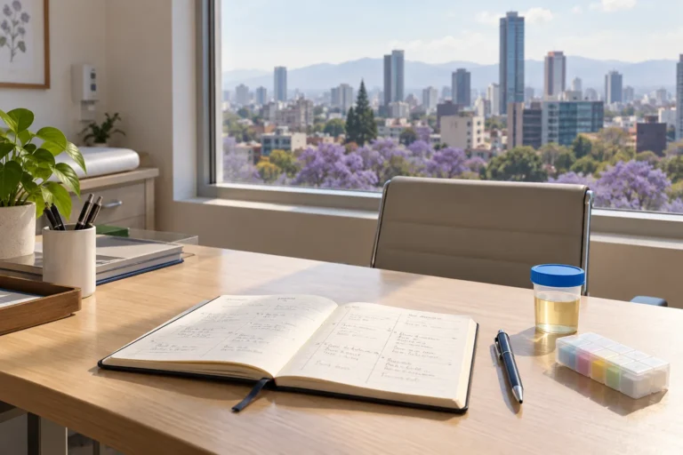 Effective treatments for methamphetamine use disorder: treatment plan and urine test on a Mexico City clinic desk