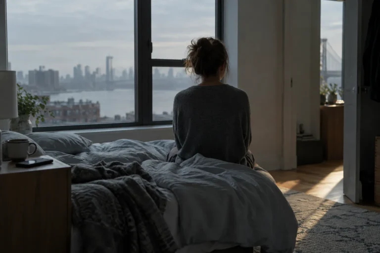 Person sitting on an unmade bed at dawn facing a gray window, feeling empty after quitting cocaine
