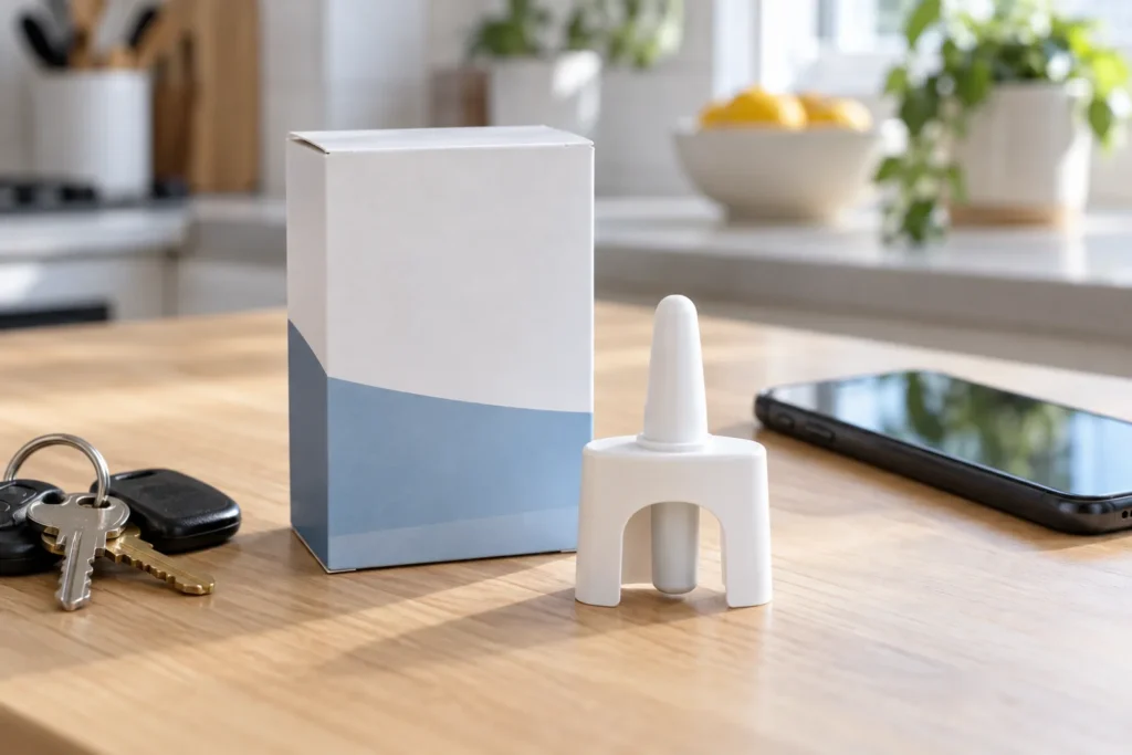 Naloxone nasal spray on a kitchen counter, a safety step when cocaine use could involve fentanyl