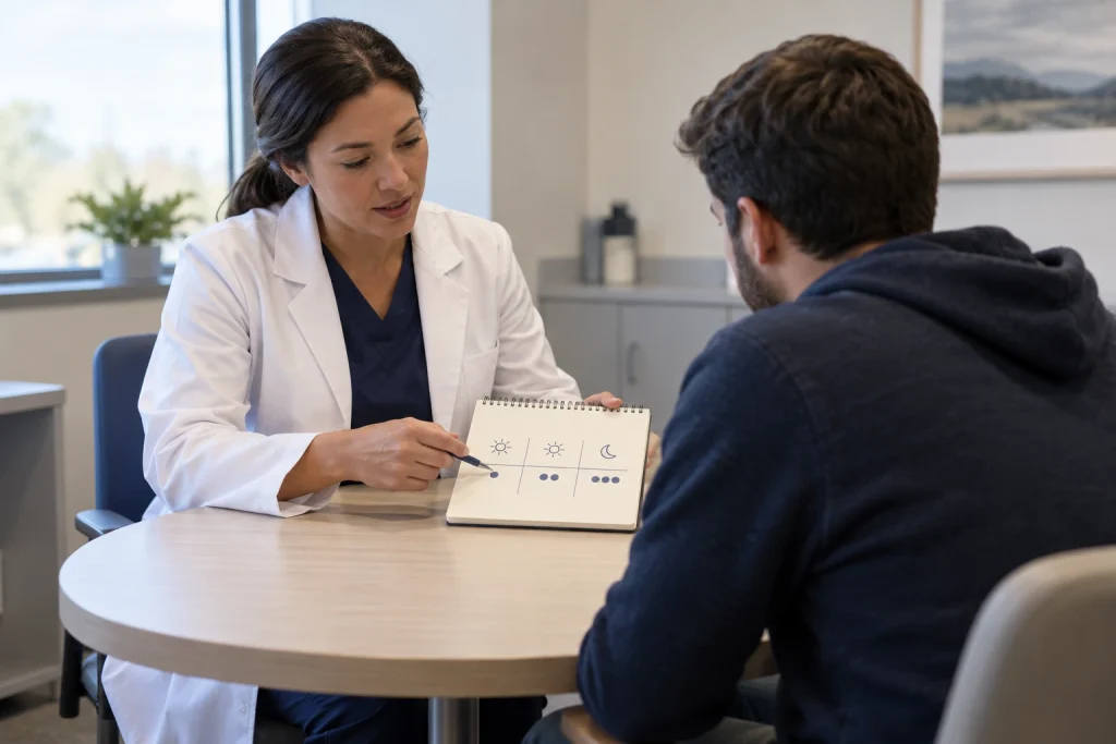 Prescriber explaining a low-dose buprenorphine start to a patient who has been using fentanyl 