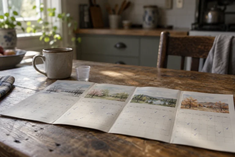 Kitchen table with a 4-month calendar and a medicine cup