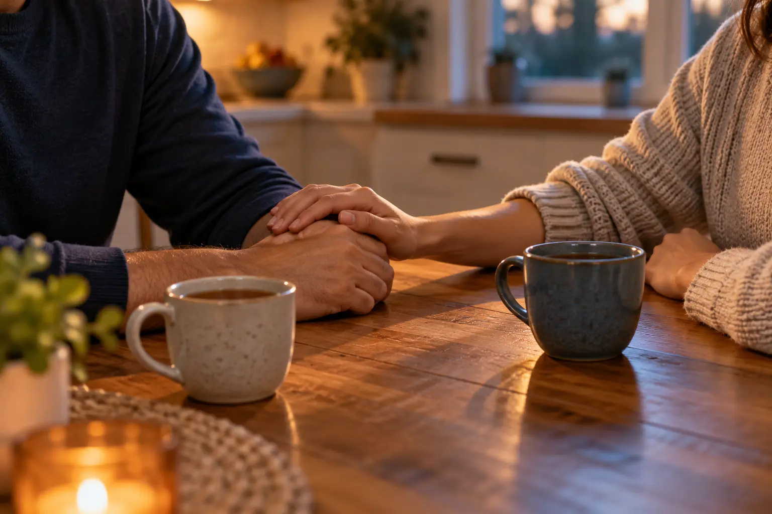 Family member holding a loved one's arm at a kitchen table to help them overcome alcohol addiction