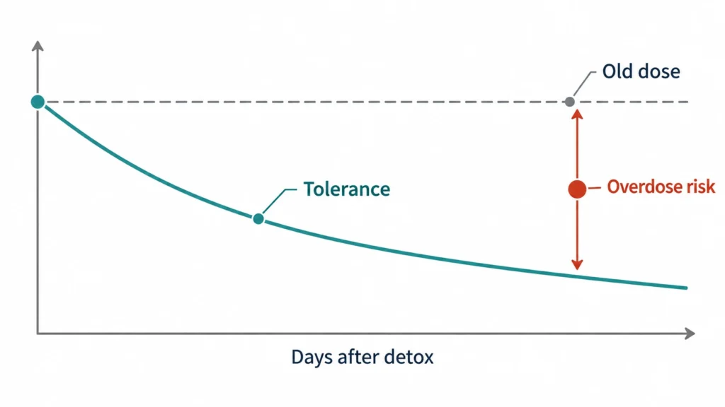 Diagram: opioid tolerance falls after detox while the old heroin dose stays the same, raising overdose risk