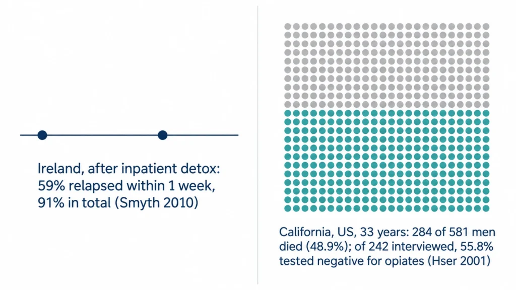 Heroin recovery rate chart: 91% relapsed after detox in Ireland; 48.9% died over 33 years in a US study